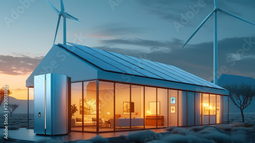 Home energy storage devices, wind turbines, solar panels. Generative AI.