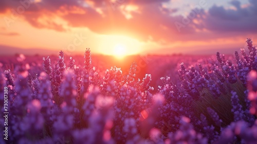 Sunset over Lavender Field: Warm Hues Bathe the Landscape