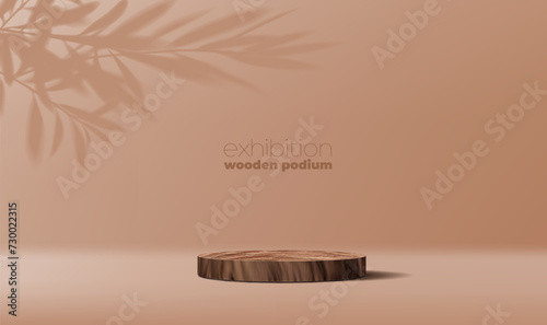 Round wooden podium, empty stage with bamboo leaves branch shadow, vector background. Exhibition podium stage or cosmetics display pedestal and beauty product platform showcase with bamboo leaf shadow