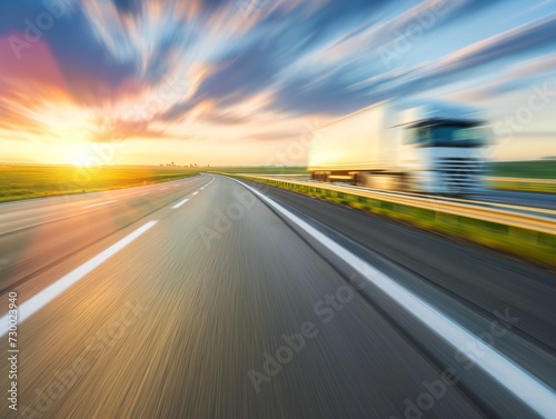 Background photograph of a highway, trucks on a highway, motion blur. Evening shot of truck doing transportation