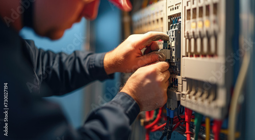 The electrician is repairing a faulty circuit breaker in a home. Generative AI.