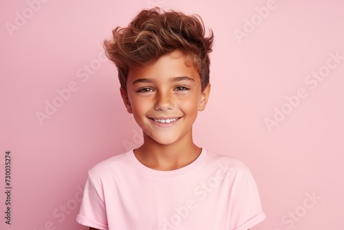 Portrait of a cute little boy smiling and looking at camera over pink background