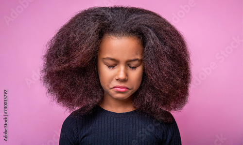 Portrait upset little african american. Emotions and sorrow, bad mood, being sad, unhappy. Sad offended american girl cries. Little unhappy afro girl. Alone and scared, sad depressed children crying