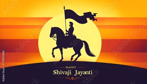Illustration of a shivaji maharaj silhouette on horse with flag at sunset.
