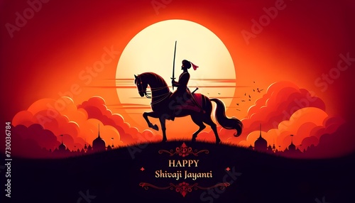 Illustration in cartoon style of a indian warrior shivaji maharaj silhouette on a horseback holding a sword 