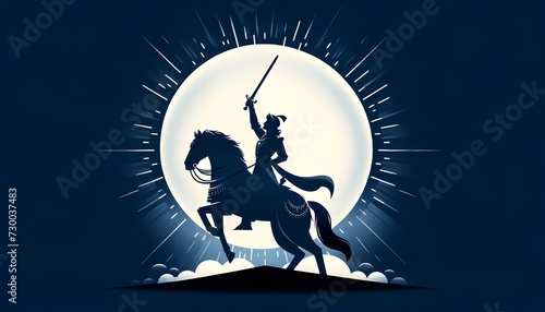 Silhouette illustration of a indian warrior shivaji maharaj on a horseback holding a sword.