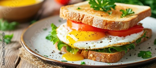 Prepared breakfast sandwich with butter, egg, and tomato on plate.