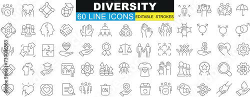 Diversity icon set. Symbols of inclusivity, community, workplace. Variety in culture, ethnicity, religion, gender, age, disability, race. Vector illustrations for web design, infographics