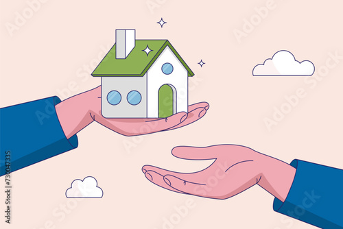 Financial advisor on legacy planning concept. Inherit house or real estate from parents, passing an inheritance to children, father giving house, wealth or property to his children small hand.