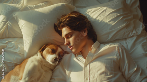 Ein Mann und sein bester Freund der Hund liegen im Bett und schlafen zusammen während Sonnenstrahlen über das Bett wandern