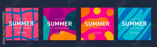 Summer Poster in Retro Style of Yellow, Pink, Blue, Colors. Set Abstract Background Geometric Figure for Advertising, Web, Social Media, Banner, Cover. Special 3d Offer 50%. Vector Illustration