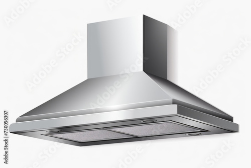 A sleek and contemporary stainless steel range hood on a clean white background. Perfect for showcasing kitchen appliances and home renovations