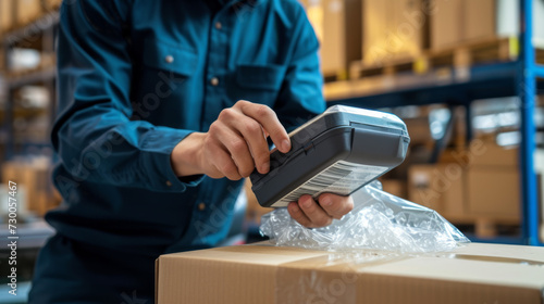 a person in a blue work shirt is using a handheld barcode scanner on a package in a warehouse environment, suggesting activities related to inventory management or logistics.