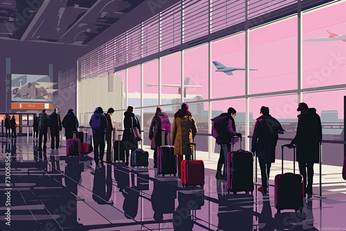 Travelers form a queue at the airport, patiently awaiting their turn for check-in or security.