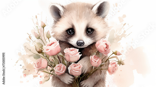 Adorable watercolor cute raccoon with a bouquet of pink roses in pastel colors.