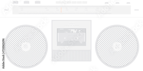 Retro cassette player and radio interface flat design faded vector illustration on white background.