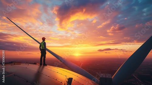An engineer stands atop a wind turbine, observing a picturesque sunset scenery.