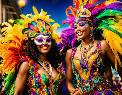 Mardi Gras Carnival, people dressed in colourful costumes and masks, participating in parades and having fun. Mardi Gras festival concept