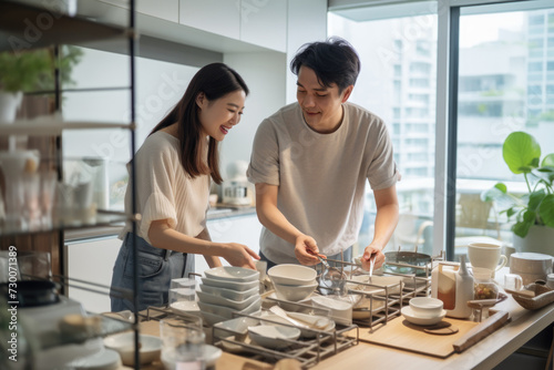 Young couple unpacks kitchenware in their new condo