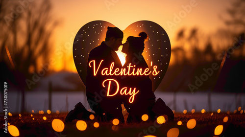 A charming image of a couple's silhouette inside a heart shape with the words "Happy Valentine's Day" written in the background on a sunset backdrop.