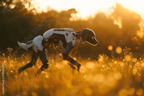 Robotic Canine Gracefully Journeys Across Sunlit Meadow In Daylight