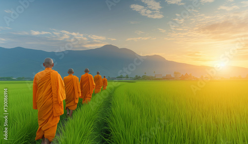 Morning Ritual: Buddhist Monks And Novices Crossing A Rice Field In A Row To Receive Food In A Village