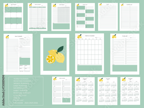 planner lemons pages templates:daily planner, weekly planner,monthly planner, yearly planner,to do list,habit tracker,contact list, shopping list,notes, monthly budget,calendar 2024/2025/2026