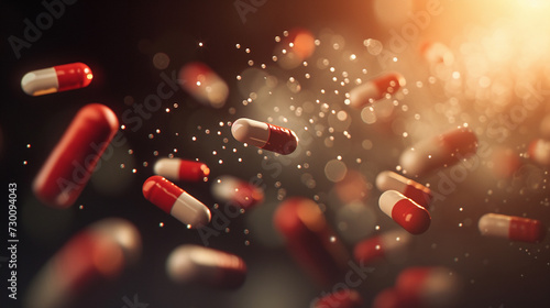 Pills flying concept,colorful pills depicting addiction risk