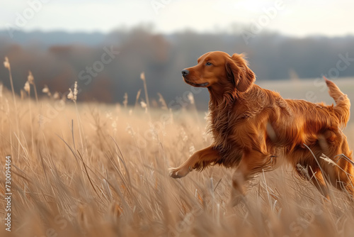 Irish Setter hunting breed dog in action, running through a field of tall grass