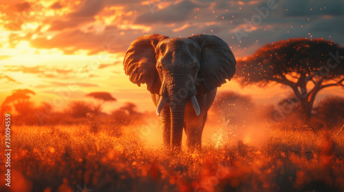 A herd of elephants strolls across the plain at sunset against the background of the sky and trees