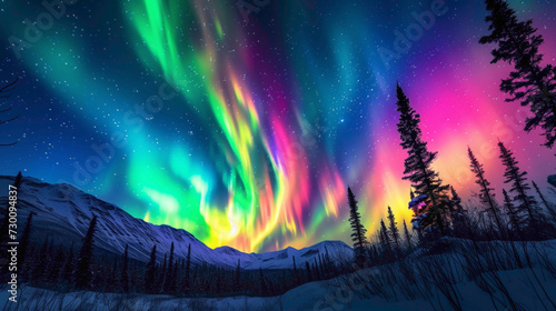 The night sky ablaze with the Northern Lights, swirling in an energetic dance of vivid colors, creating a breathtaking gradient that paints the celestial canvas.