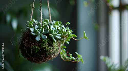 Japanese plant arrangements, Kokedama with cactus and succulent, with moss and symbolizing the pursuit of do-it-yourself Japanese home gardening. Generative AI