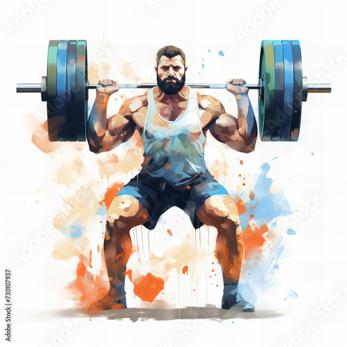 Dynamic Weightlifter in Action: Artistic Illustration of Intense Workout and Strength Training with Colorful Splashes