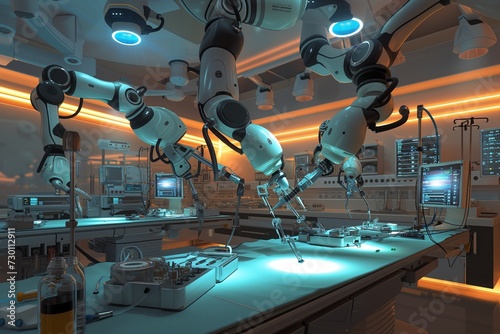 A panoramic view of a high-tech hospital operating room, with multiple robotic arms extending from the ceiling, each performing different tasks in a synchronized fashion.