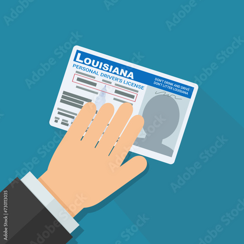 A hand presents a driver's license from the US state of Louisiana in flat design style on blue background