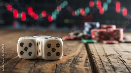 gambling or investing on stock and currency market concept, dice placed on the table in stock market background