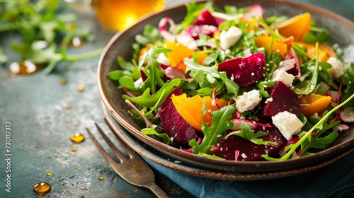 A colorful roasted beet salad with goat cheese, arugula, and a drizzle of honey