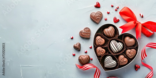 Boîte en forme de coeur avec de délicieux bonbons au chocolat et ruban sur table gris clair à plat