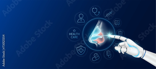 Innovative technology in health care futuristic. Doctor robot cyborg finger touching nose with medical icons. Human organ virtual interface. Ads banner empty space for text. Vector.