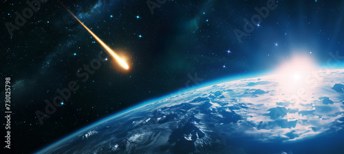 Meteor approaching Earth in space, the meteorite is approaching the planet, Burning exploding asteroids from deep space are approaching planet Earth