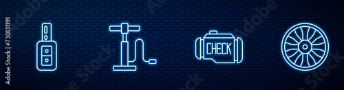 Set line Check engine, Car key with remote, air pump and Alloy wheel for car. Glowing neon icon on brick wall. Vector