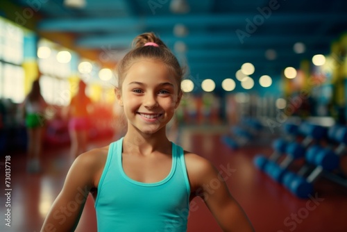 Fitness, gym and happy child girl personal trainer ready for workout coaching