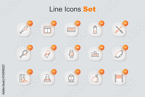 Set line Volleyball net, Bowling pin and, American Football, Badminton shuttlecock, Sports doping with dumbbell, Medieval bow, Award over sports winner podium and Smart watch heart icon. Vector