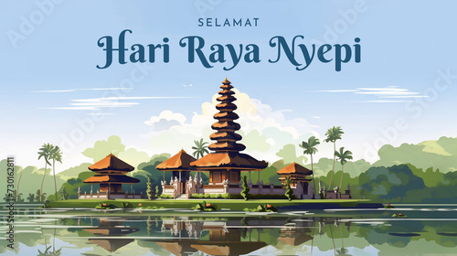 Translation : Happy Bali's Day of Silence and Hindu New Year Illustration, Nyepi Day and Hari Raya Saka, Hindu Ceremony