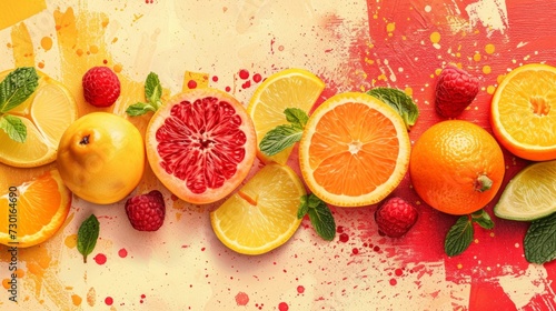 Minimalist fruit illustrations on a bold, colorful canvas evoke the flavors of summer