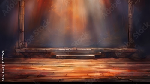 spotlight on a wooden stage with ambient mist