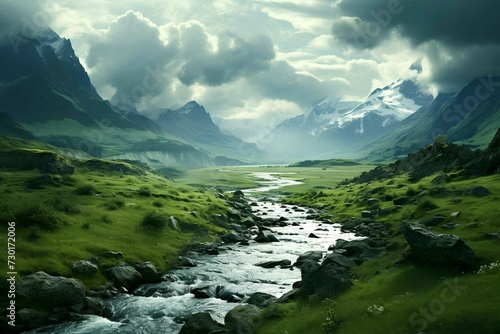 Landscape of High Hills Mountains: Majestic Peaks, Green Valleys, and Flowing Rivers. Generative AI.