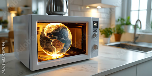 Globe of Earth overheating in microwave oven. Climate changes concept.