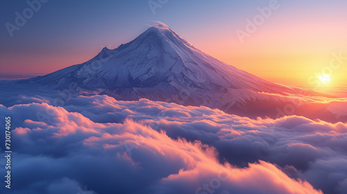 Sunset in the mountains, Snow covered mountains in winter, Mountain in the clouds, Ai generated image