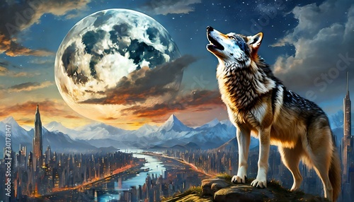 Urban Lament: Realistic Wolf Howling at the Moon Amidst Cityscape Backdrop"